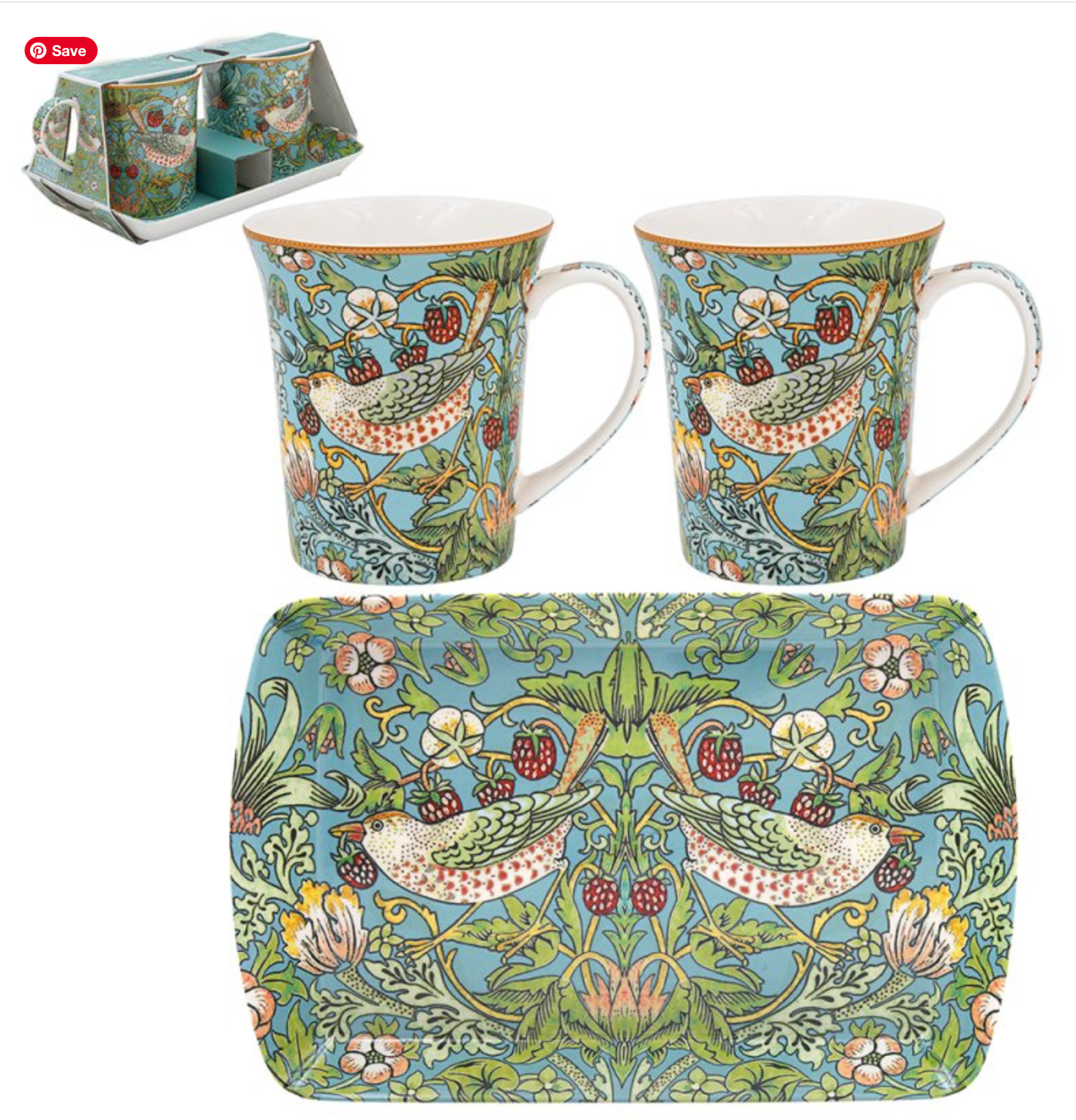 William Morris Strawberry Thief Double Mug & Tray Set